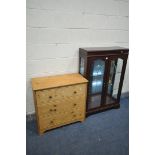A MAHOGANY GLAZED TWO DOOR BOOKCASE, width 84cm x depth 30cm x height 130cm, and a pine chest of