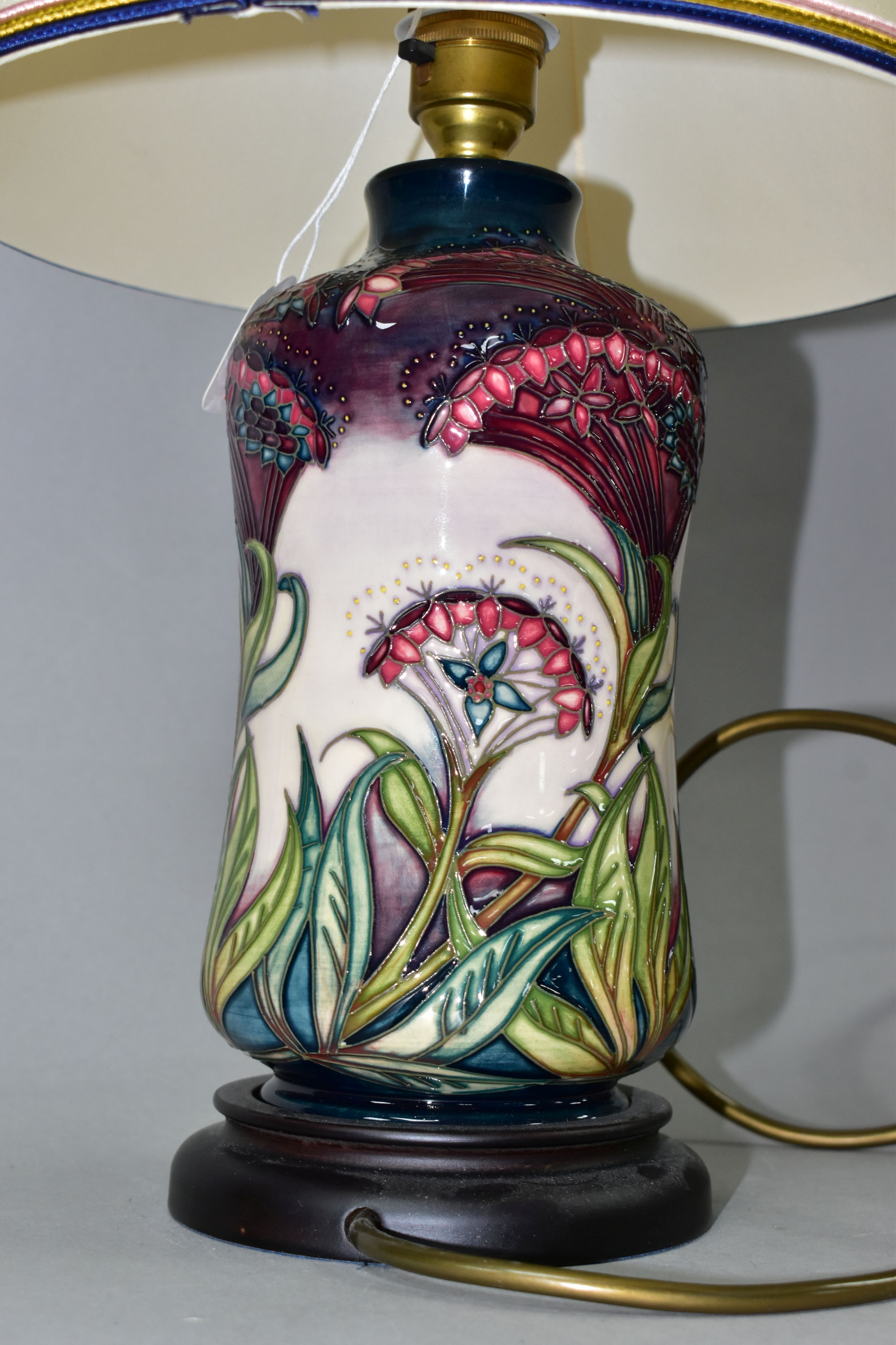 A MOORCROFT POTTERY 'GYPSY' PATTERN TABLE LAMP, of waisted cylindrical form, tube lined with - Image 4 of 5