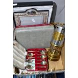A BOX OF SILVER PLATED ITEMS AND A MINER'S LAMP, to include a 'British Coalmining Company, Wales,