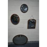 A MAHOGANY AND INLAID OVAL WALL MIRROR, 90cm x 63cm, a smaller oval mirror, an oak framed bevelled