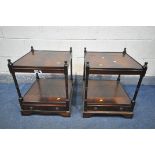 A PAIR OF MAHOGANY TWO TIER SIDE TABLES, with a single drawer, 46cm squared x height 58cm (