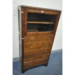 A 20TH CENTURY OAK CABINET, with a single glazed door, above five drawers, width 77cm x depth 46cm x