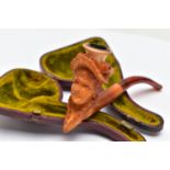 A MEERSCHAUM PIPE, a carved pipe depicting a late 19th century lady in a hat with flowers,