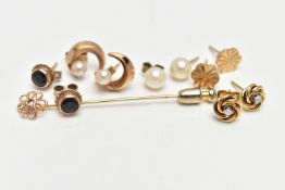 A SMALL BAG OF ASSORTED YELLOW METAL EARRINGS AND A STICK PIN, to include a pair of crescent and