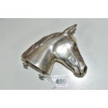 A WHITE METAL FRENCH CAR MASCOT IN THE FORM OF A HORSE'S HEAD, height 11cm, bolts and fixings
