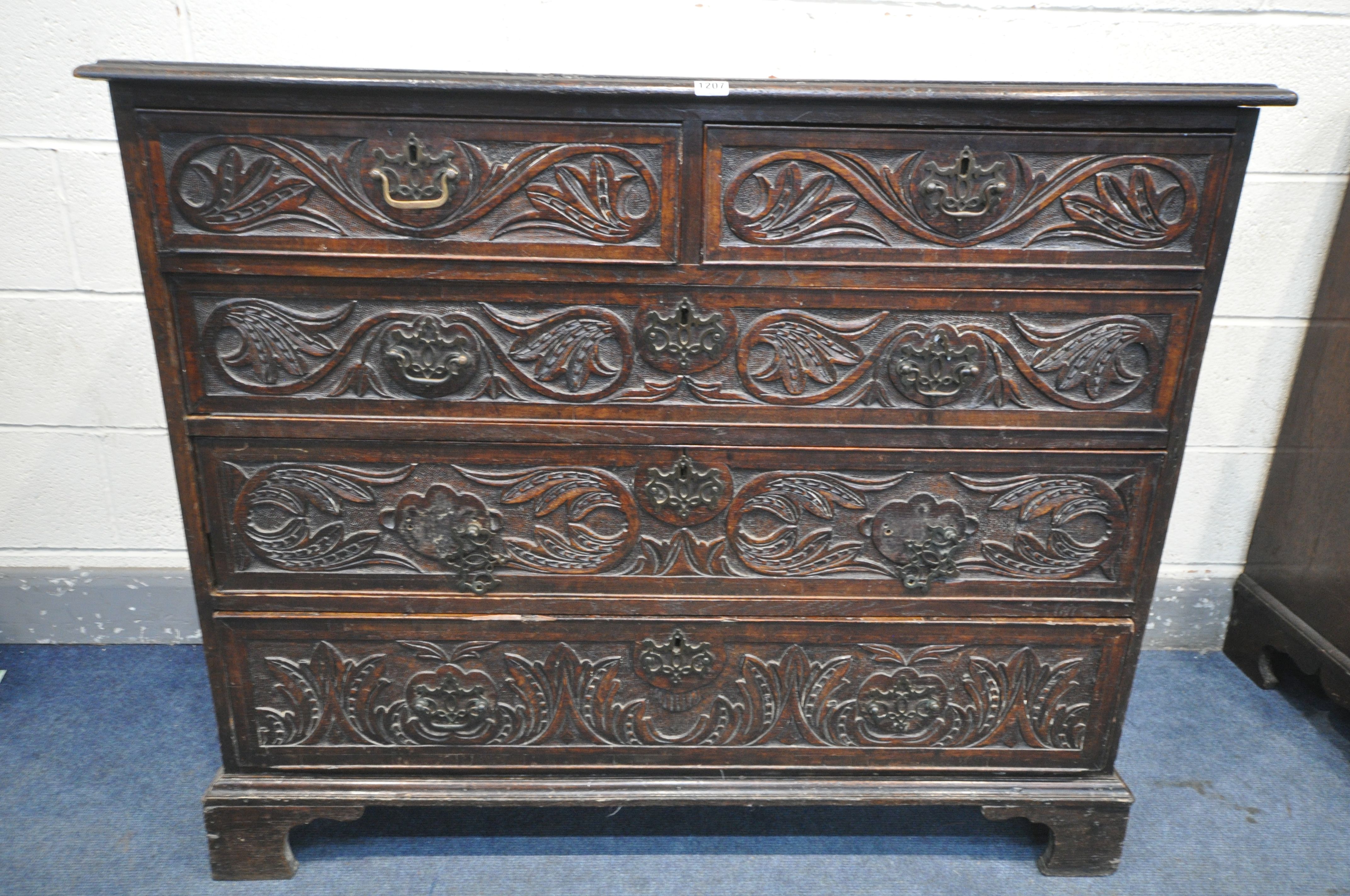 A GEORGIAN AND LATER SOLID OAK CHEST OF TWO SHORT OVER THREE LONG GRADUATED DRAWERS, the drawers