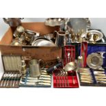 A BOX OF ASSORTED WHITE METAL WARE, to include various trays, entree dish, sugar caster, a min