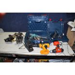 SEVEN POWER TOOLS INCLUDING AN AEG HAMMER DRILL 240v, Makita HG5012 Heat gun, a Bosch GSB20-2RE