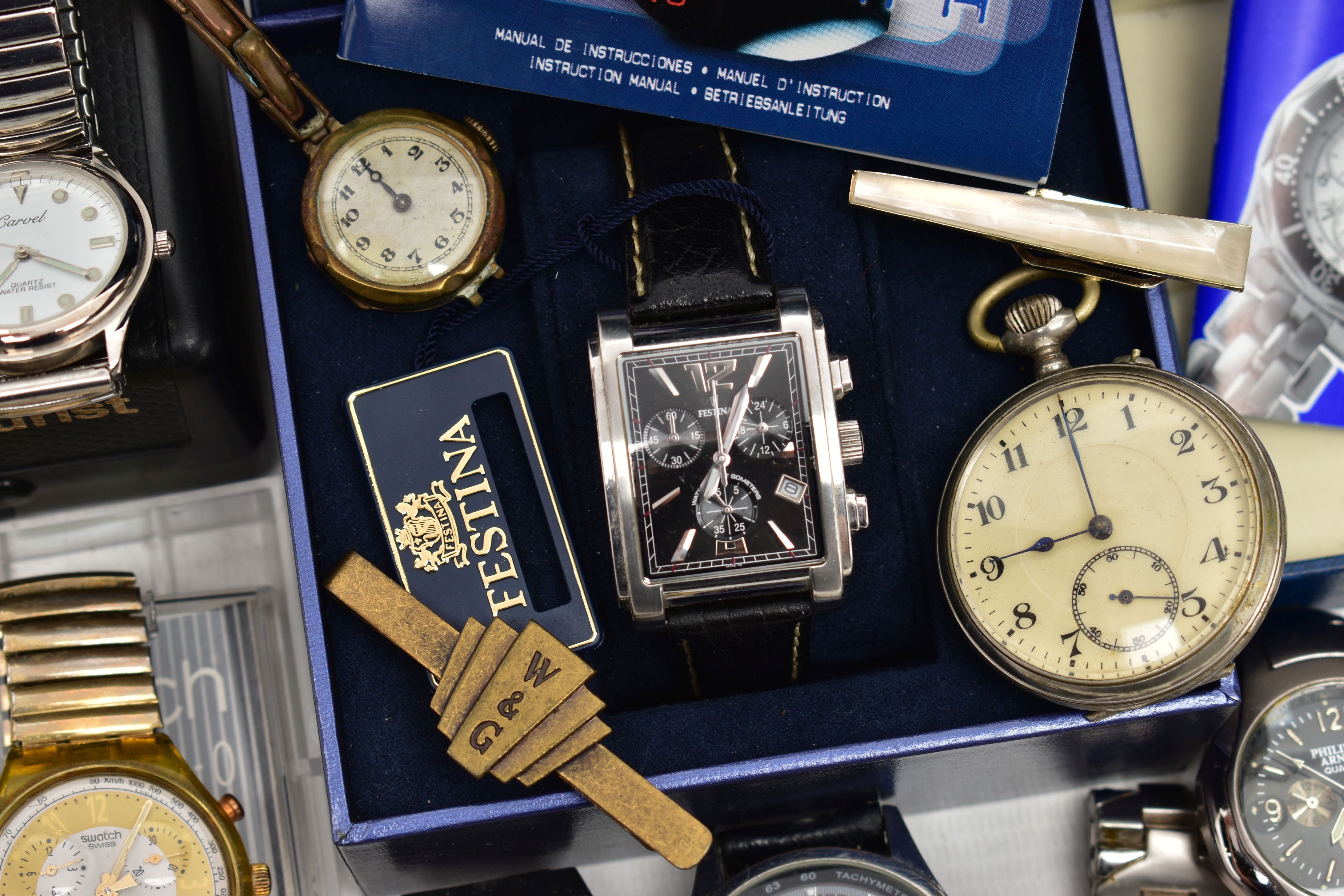 A BOX OF ASSORTED FASHION WRISTWATCHES AND OTHER ITEMS, all untested, to include a boxed 'Swatch' on - Image 3 of 6