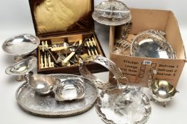 A BOX OF SILVER AND ASSORTED TABLEWARE, to include a pair of pierced napkin rings, hallmarked '