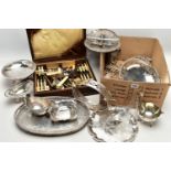 A BOX OF SILVER AND ASSORTED TABLEWARE, to include a pair of pierced napkin rings, hallmarked '