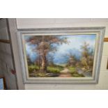A COLLECTION OF DECORATIVE PICTURES AND PRINTS ETC, to include a large unsigned landscape oil on