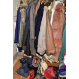 TWO BOXES AND LOOSE LADIES' CLOTHING AND ACCESSORIES, to include a brown fur coat, a red-brown fur