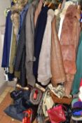 TWO BOXES AND LOOSE LADIES' CLOTHING AND ACCESSORIES, to include a brown fur coat, a red-brown fur