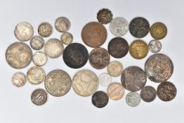 A PLASTIC CASE AND JAR OF MIXED COINS, to include a small packet of silver content coins etc