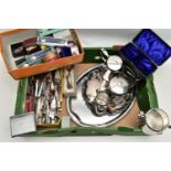 A BOX OF ASSORTED ITEMS, to include four silver Walsall souvenir teaspoons hallmarked 'Ward