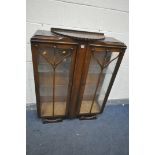 A 1940'S OAK TWO DOOR CHINA CABINET, with two glass shelves, width 97cm x depth 32cm x height