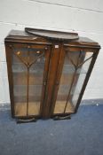 A 1940'S OAK TWO DOOR CHINA CABINET, with two glass shelves, width 97cm x depth 32cm x height