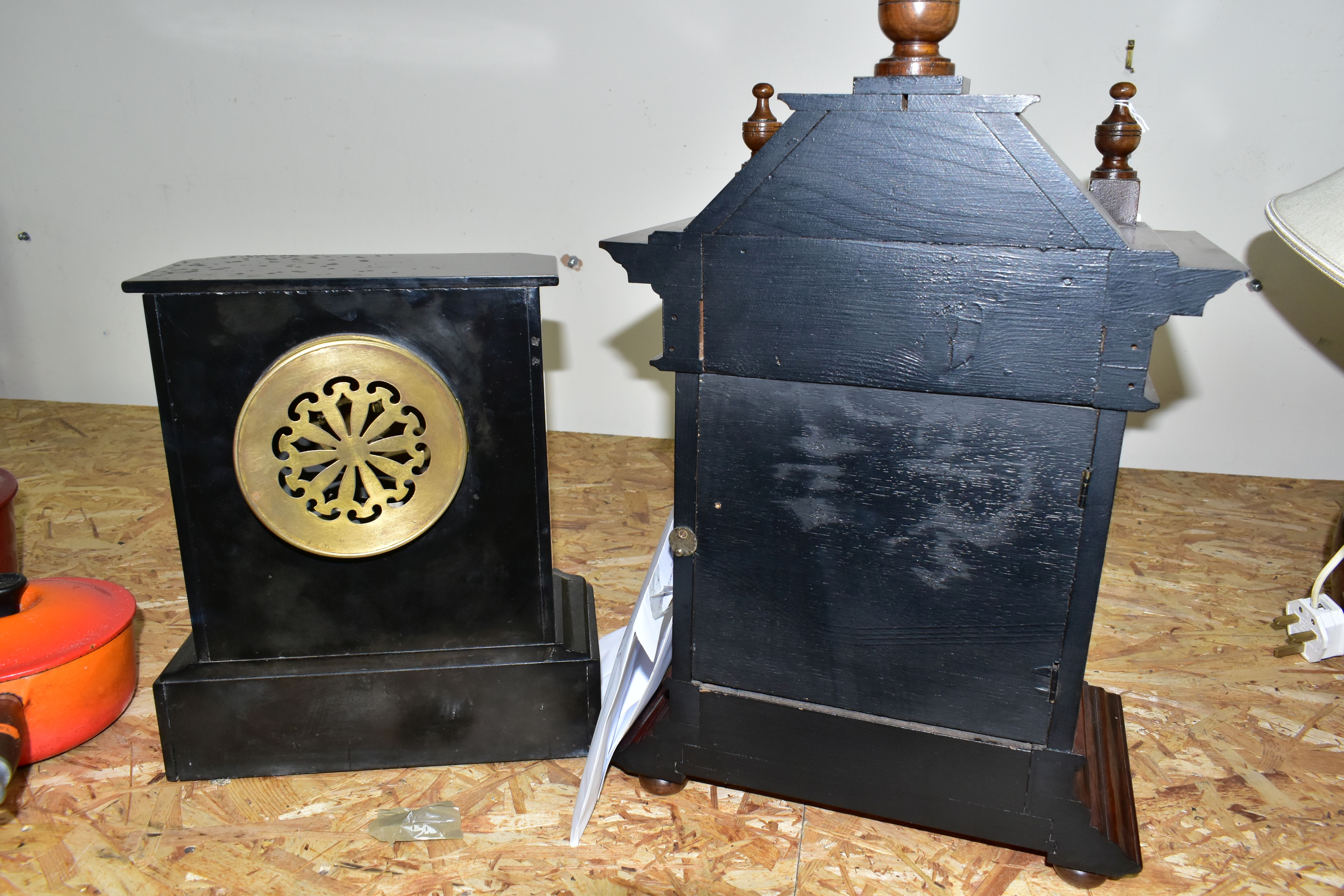 TWO ANTIQUE CLOCKS, comprising a black slate and marble mantel clock, with white enamel dial bearing - Image 4 of 7