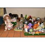 THREE BOXES OF ASSORTED ORNAMENTS, to include a Babbacombe Pottery 'Ginger Cat' figure, a Pottery