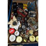 A BOX OF ASSORTED SPARE CAR RELATED AND MODEL CAR SPARE PARTS ETC, to include an unused Peco exhaust