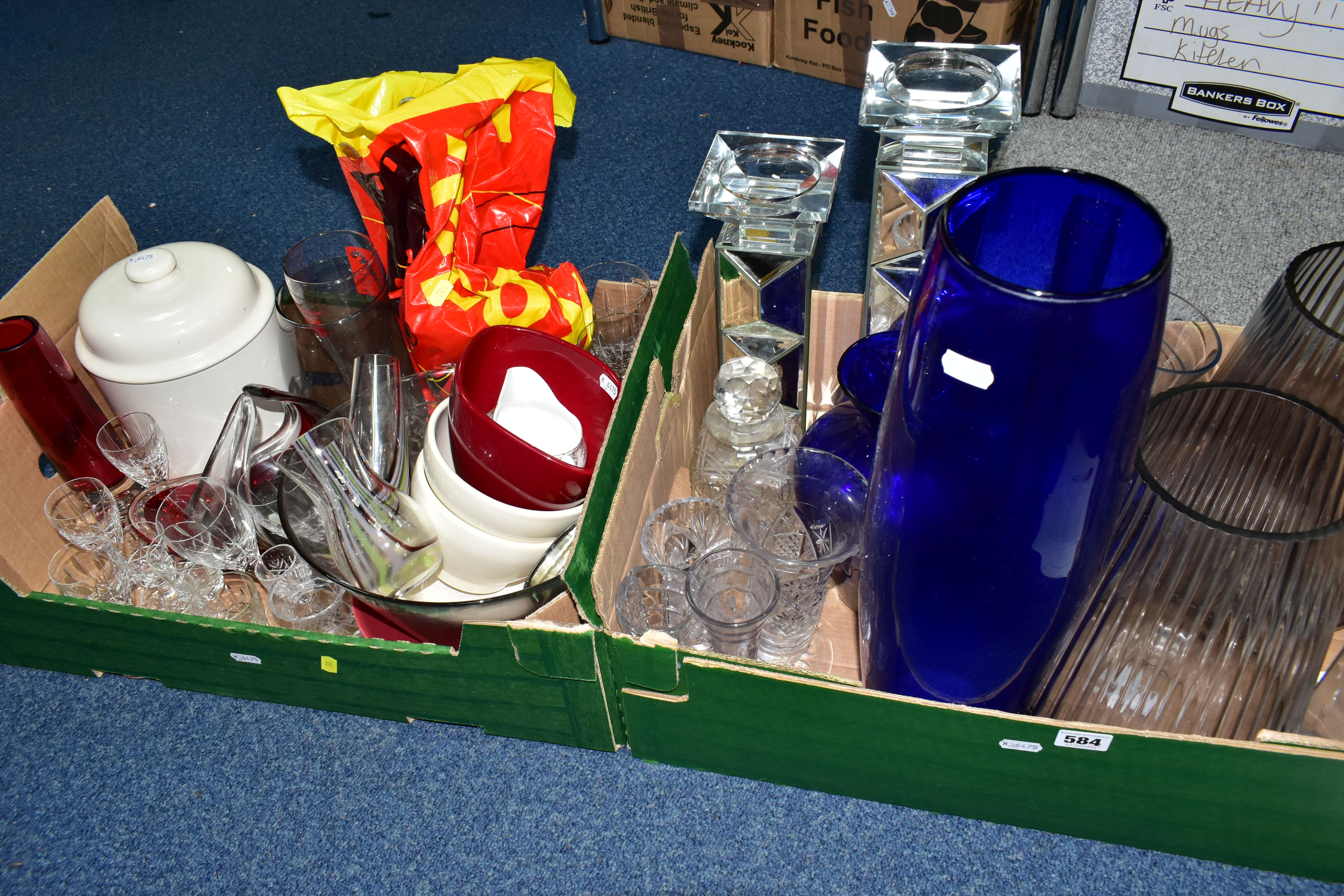 TWO BOXES OF ASSORTED COLOURED GLASSWARE, to include an art glass red controlled bubble dish, a