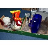 TWO BOXES OF ASSORTED COLOURED GLASSWARE, to include an art glass red controlled bubble dish, a