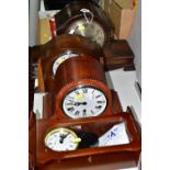 THREE WOODEN MANTEL CLOCKS AND A WOODEN CASED WALL CLOCK, comprising a 1920s Westminster chimes