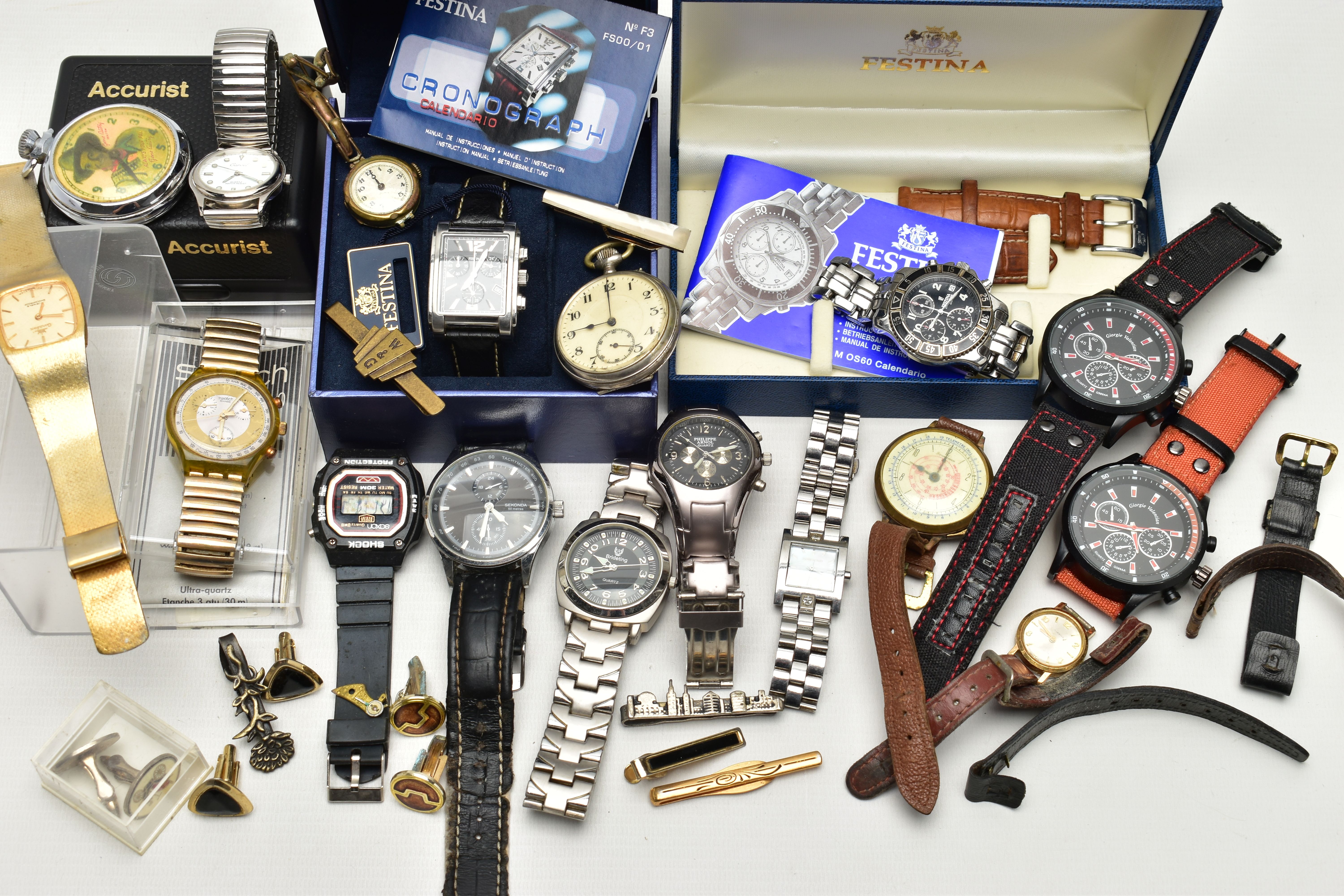 A BOX OF ASSORTED FASHION WRISTWATCHES AND OTHER ITEMS, all untested, to include a boxed 'Swatch' on