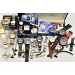 A BOX OF ASSORTED FASHION WRISTWATCHES AND OTHER ITEMS, all untested, to include a boxed 'Swatch' on