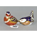 TWO ROYAL CROWN DERBY BIRD PAPERWEIGHTS, comprising a Chaffinch, and a Wren, each with a silver