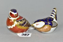 TWO ROYAL CROWN DERBY BIRD PAPERWEIGHTS, comprising a Chaffinch, and a Wren, each with a silver