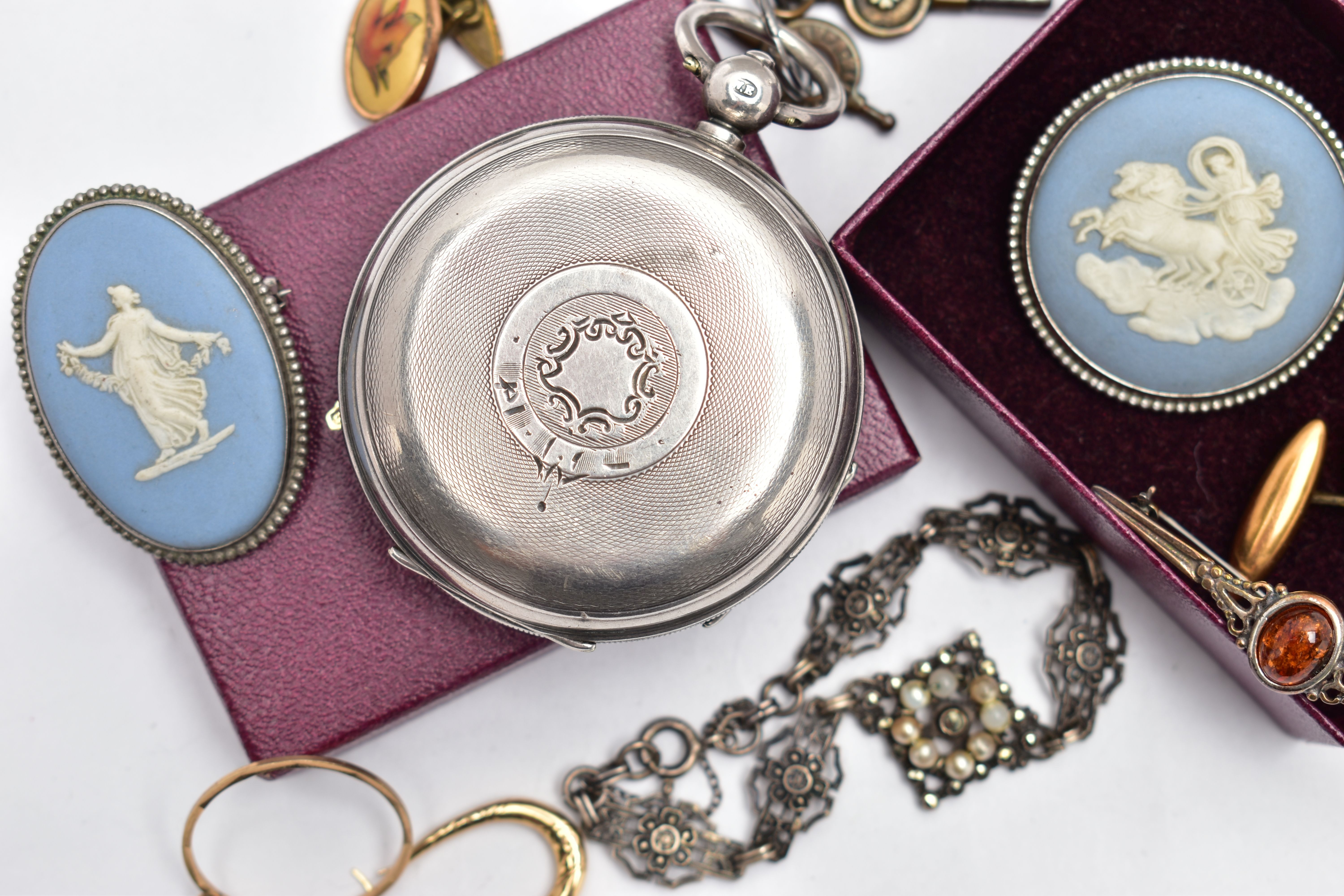 A SILVER OPEN FACE POCKET WATCH AND ASSORTED YELLOW AND WHITE METAL, a key wound movement, white - Image 5 of 6