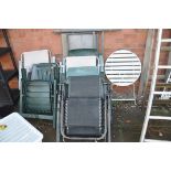 EIGHT VARIOUS FOLDING GARDEN CHAIRS and a folding sofa along with a metal folding table 57cm in