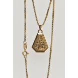 A 9CT GOLD LOCKET PENDANT AND CHAIN, the pendant of a coffin shape, decorated with a floral engraved