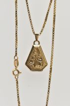 A 9CT GOLD LOCKET PENDANT AND CHAIN, the pendant of a coffin shape, decorated with a floral engraved