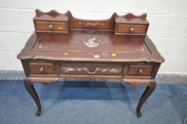 A 20TH CENTURY CHINESE DRESSING TABLE/DESK, the raised back with two drawers, above three sized