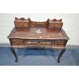 A 20TH CENTURY CHINESE DRESSING TABLE/DESK, the raised back with two drawers, above three sized