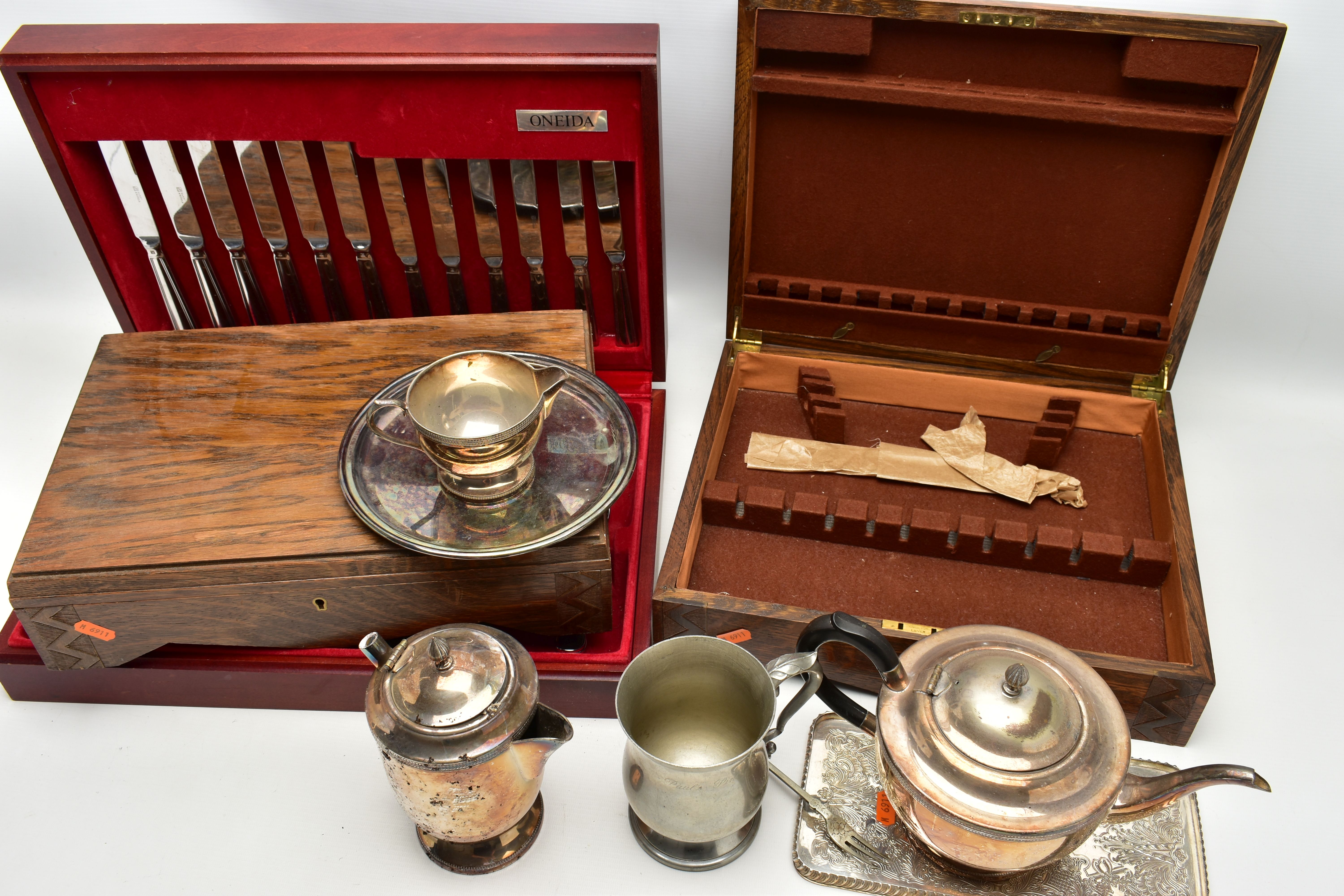 THREE CANTEENS AND A BOX OF WHITE METAL WARE, to include a wooden canteen of 'Oneida' cutlery some - Image 4 of 4