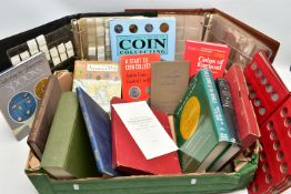 A BOX OF ASSORTED BOOKS ON NUMISTRATICS, assorted books, and coin albums etc