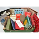 A BOX OF ASSORTED BOOKS ON NUMISTRATICS, assorted books, and coin albums etc