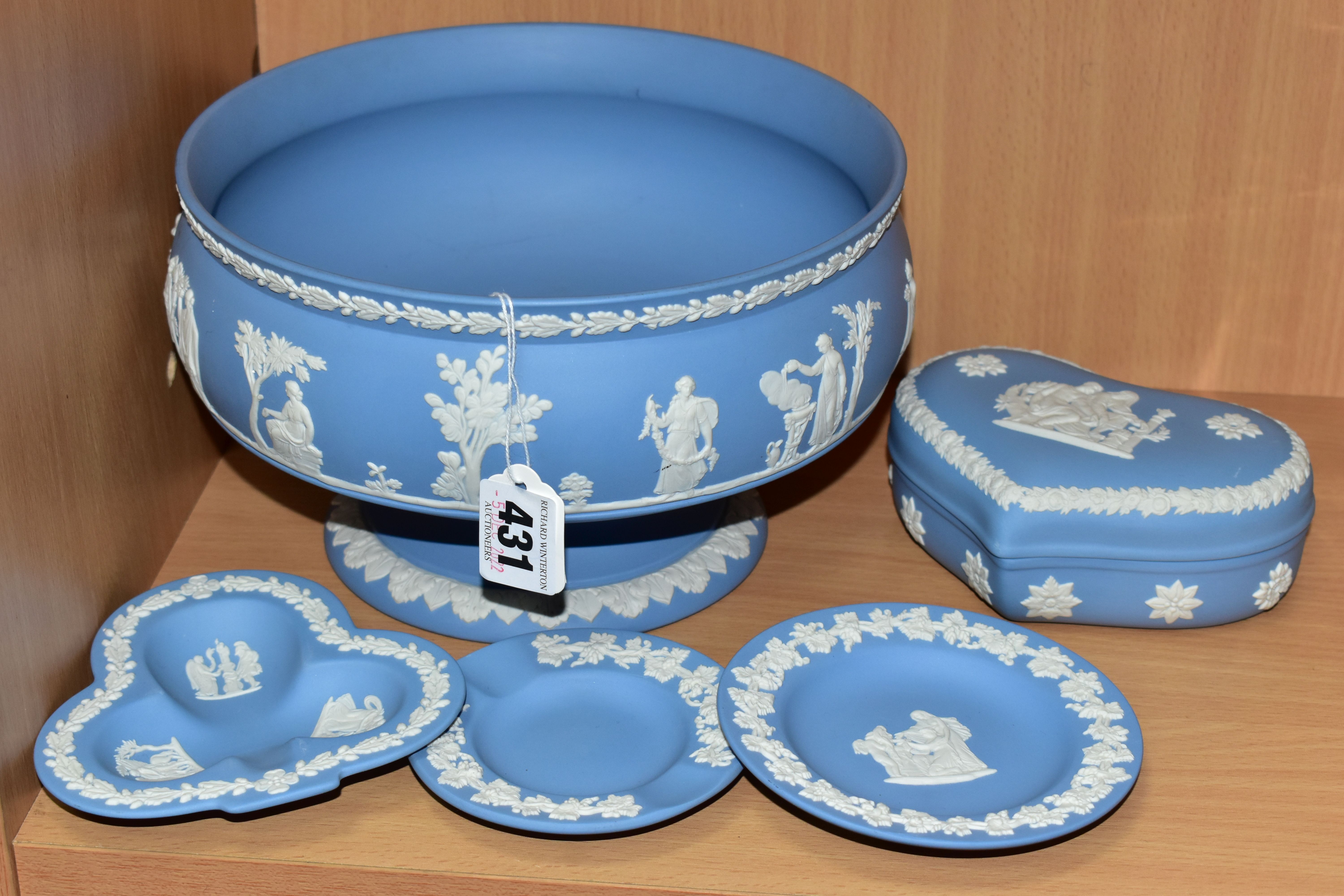 FIVE PIECES OF WEDGWOOD PALE BLUE JASPERWARE, to include a pedestal fruit bowl, diameter of rim 20.