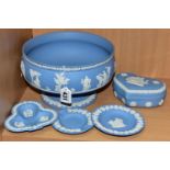 FIVE PIECES OF WEDGWOOD PALE BLUE JASPERWARE, to include a pedestal fruit bowl, diameter of rim 20.