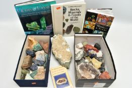 TWO BOXES OF GEMSTONE SPECIMENS, MINERALS, AND BOOKS, specimens to include petrified wood, Lapis