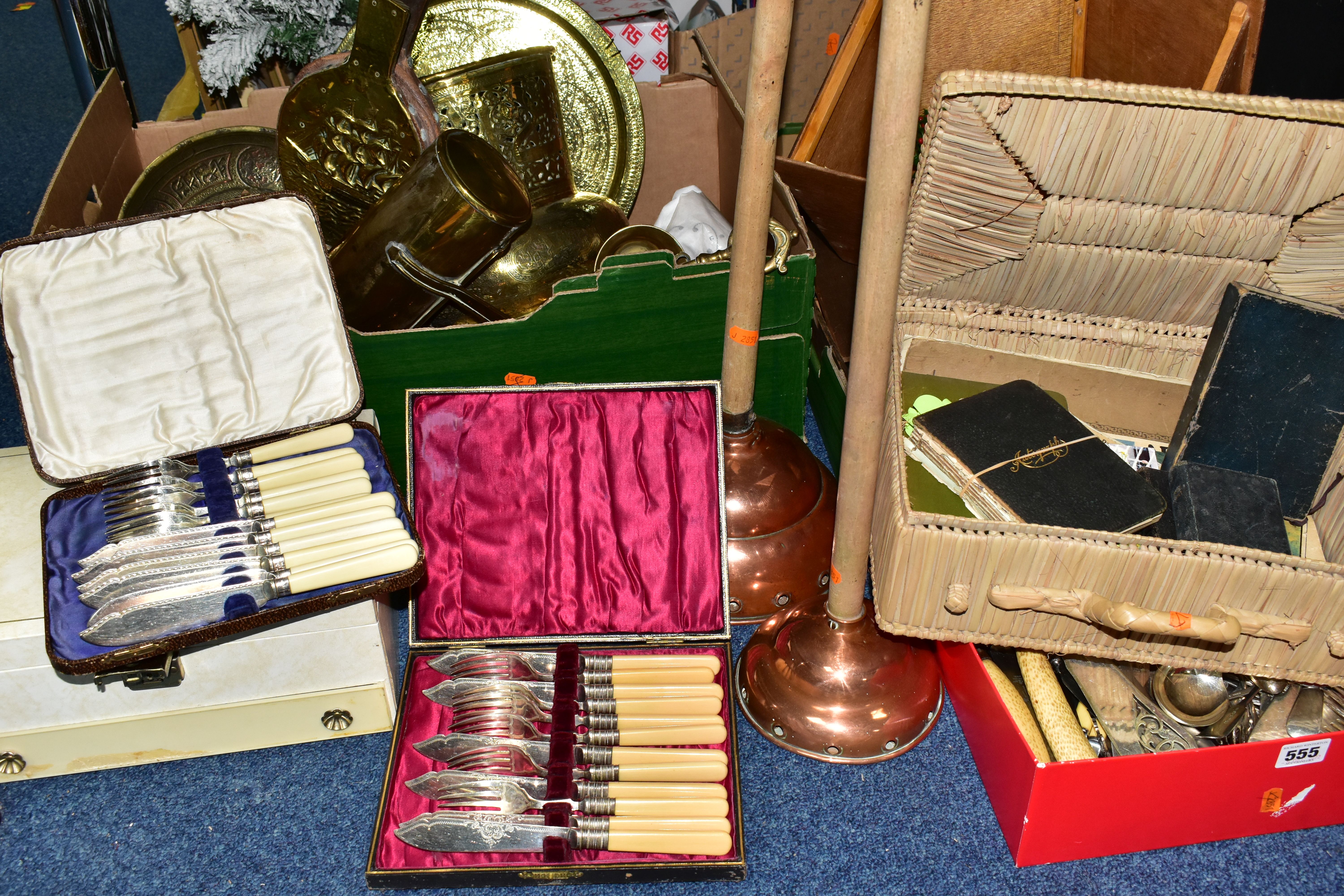 THREE BOXES OF METALWARE, to include two copper wash day dollies, an autograph book with drawings