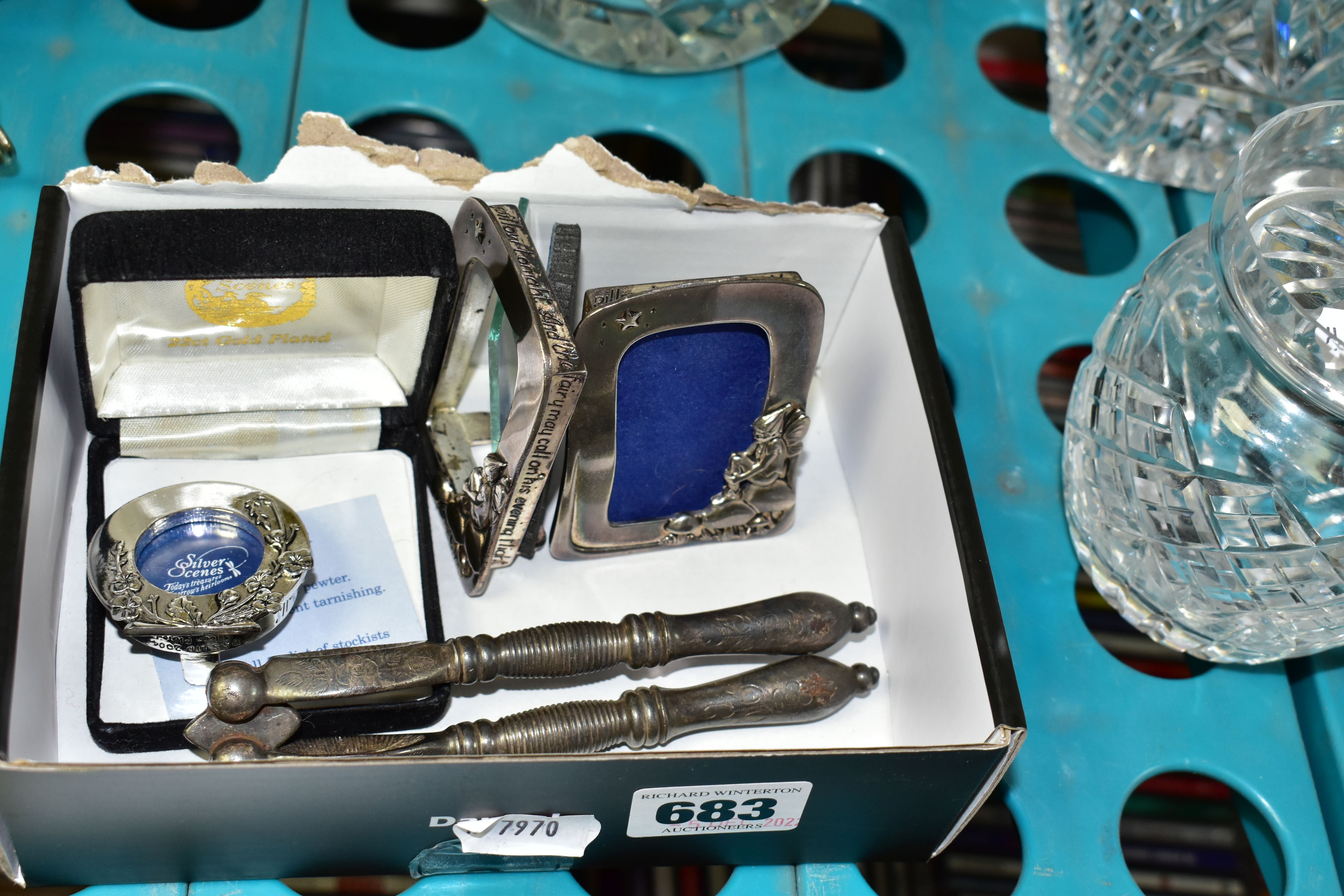 A GROUP OF GLASS, METAL WARES, CERAMICS AND SUNDRY ITEMS, comprising three Silver Scenes plated - Image 2 of 7