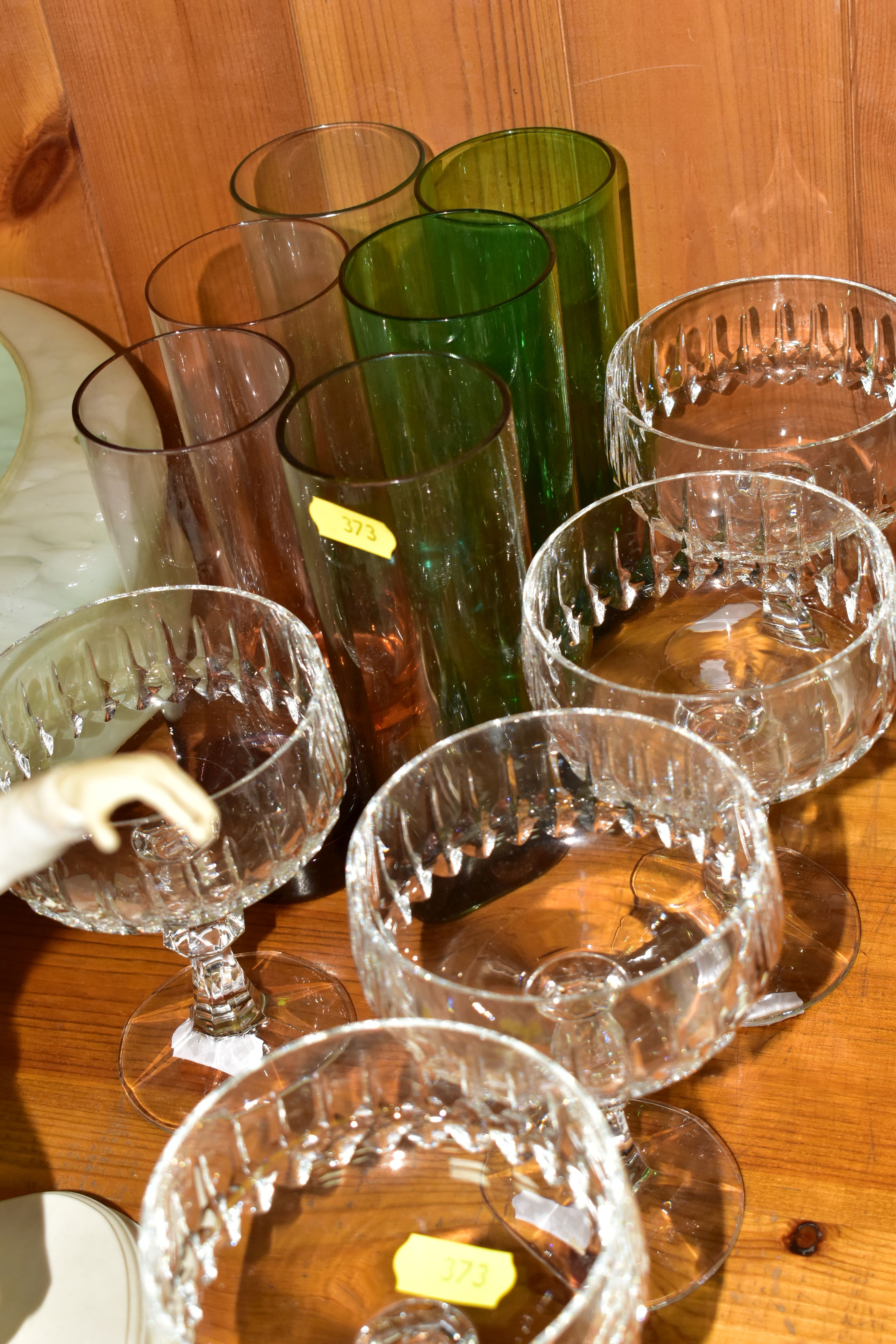 A 1930S PALE GREEN AND WHITE MOTTLED GLASS CEILING LIGHT SHADE, together with six cut crystal wine - Image 5 of 5