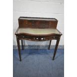 A 20TH CENTURY SHERATON STYLE MAHOGANY LADIES WRITING DESK, with two doors, and five various