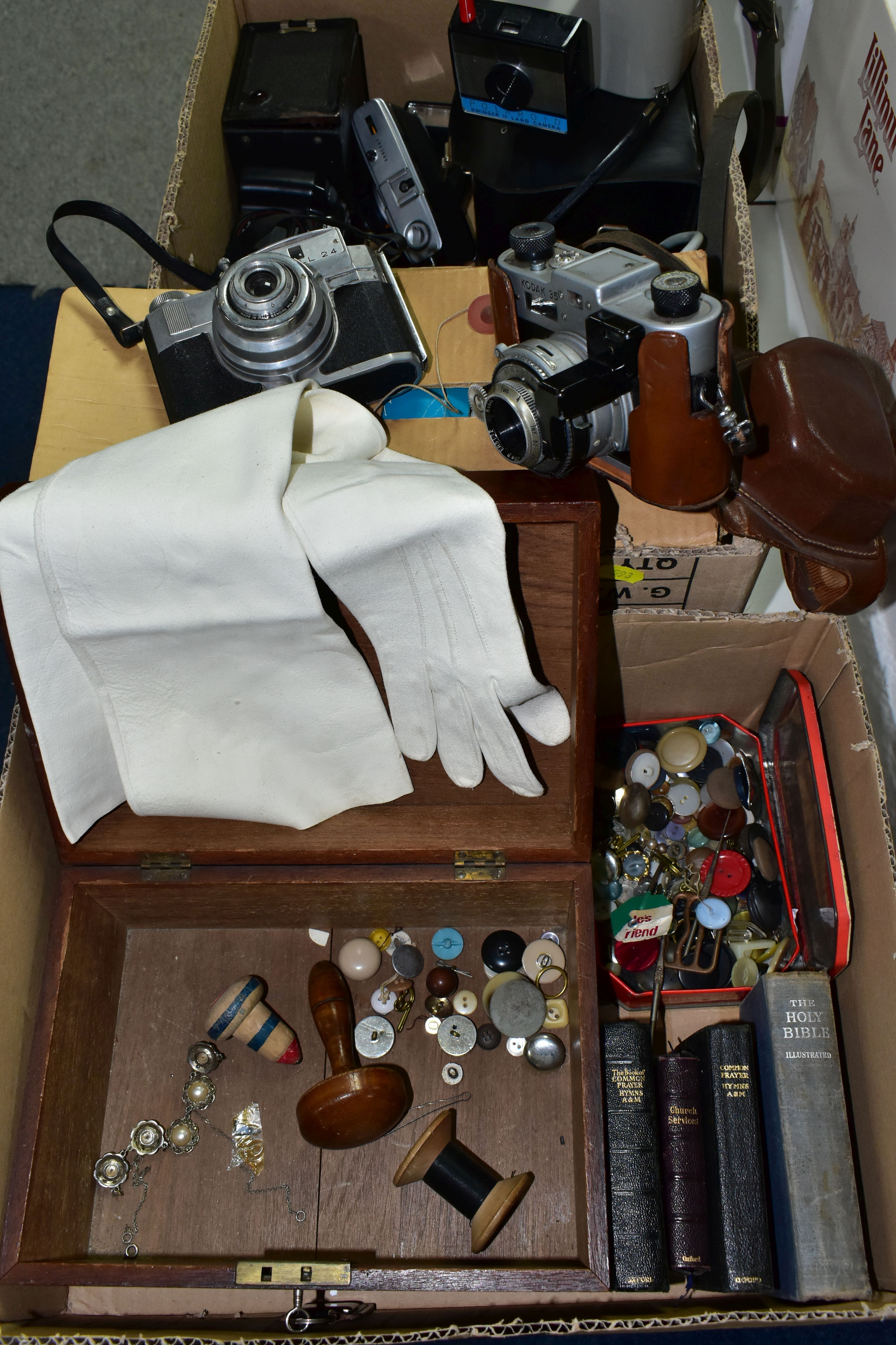 TWO BOXES OF CAMERA AND CINE EQUIPMENT, to include a vintage Holland Toffee