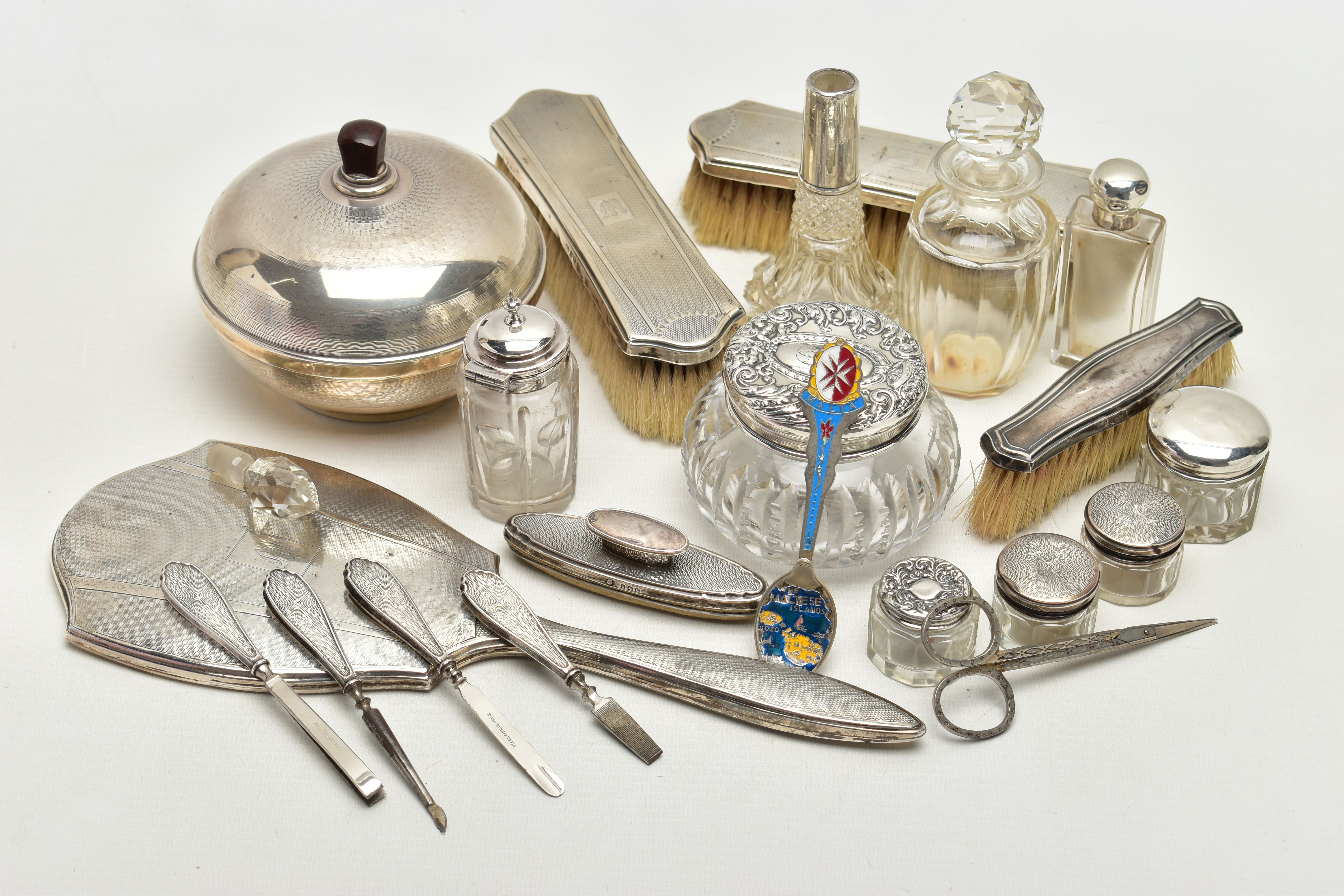 A BOX OF ASSORTED SILVER AND WHITE METAL, to include a brush and mirror set, hallmarked 'William